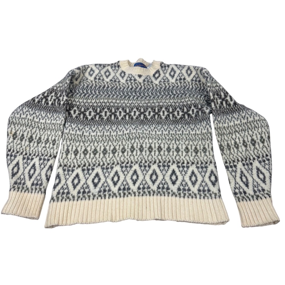 Pendleton Wool Sweater Fair Isle Geometric Patternโ Cream Green Gray Women's